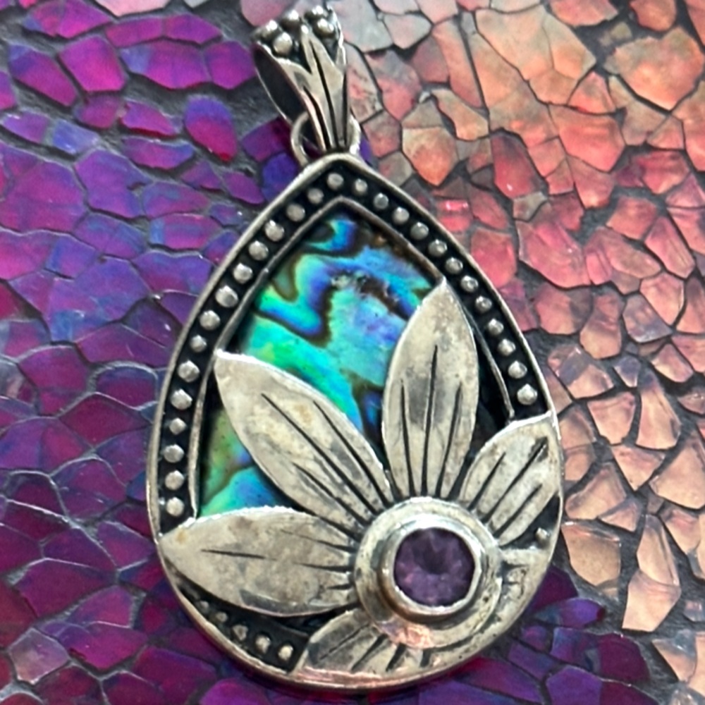 SET - Sterling Silver Abalone Amethyst Pendant Necklace Earrings Set - Picture 3 of 11